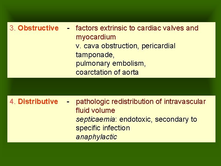 3. Obstructive - factors extrinsic to cardiac valves and myocardium v. cava obstruction, pericardial