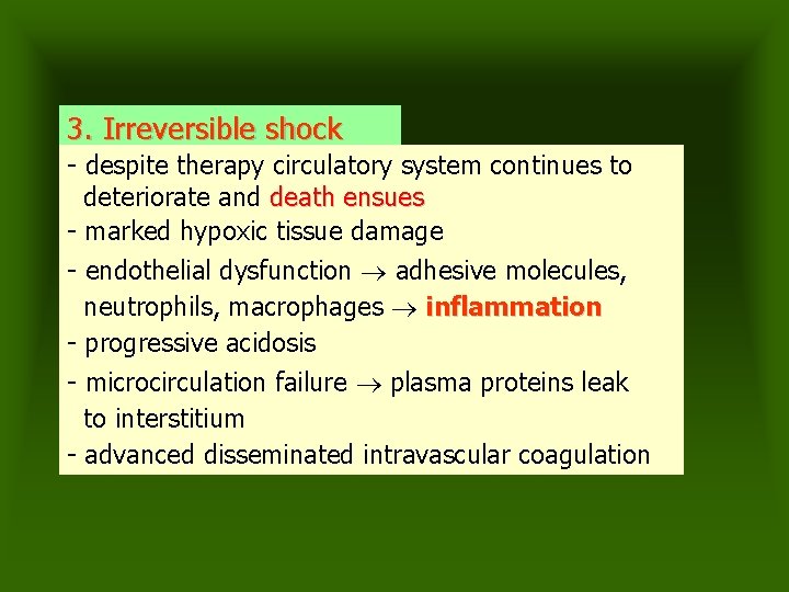 3. Irreversible shock - despite therapy circulatory system continues to deteriorate and death ensues