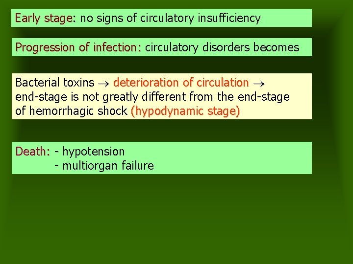 Early stage: no signs of circulatory insufficiency Progression of infection: circulatory disorders becomes Bacterial