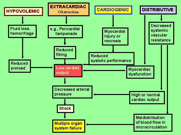 HYPOVOLEMIC Fluid loss, hemorrhage EXTRACARDIAC Obstruction e. g. , Pericardial tamponade Reduced filling Reduced