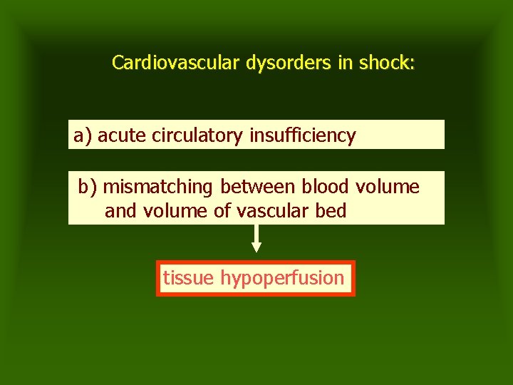 Cardiovascular dysorders in shock: a) acute circulatory insufficiency b) mismatching between blood volume and