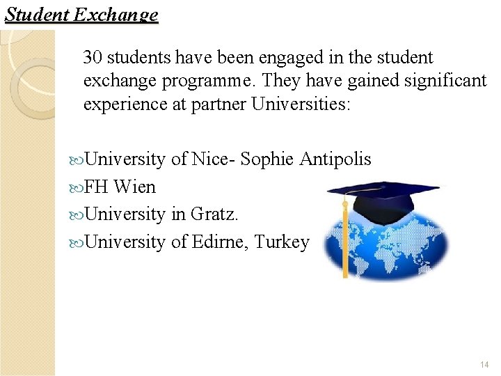 Student Exchange 30 students have been engaged in the student exchange programme. They have
