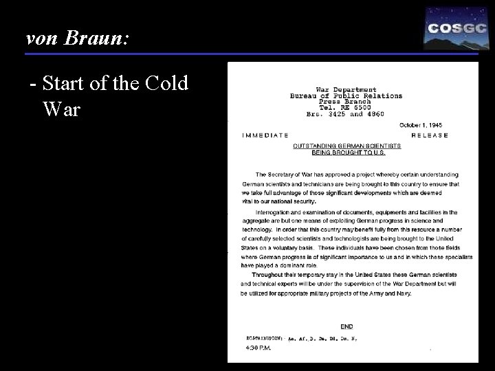 von Braun: - Start of the Cold War 