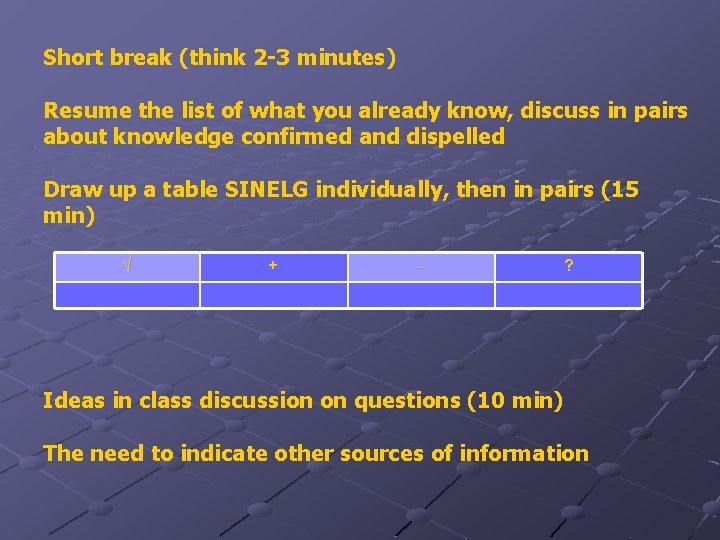 Short break (think 2 -3 minutes) Resume the list of what you already know,