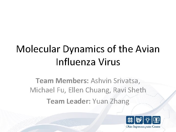 Molecular Dynamics of the Avian Influenza Virus Team Members: Ashvin Srivatsa, Michael Fu, Ellen