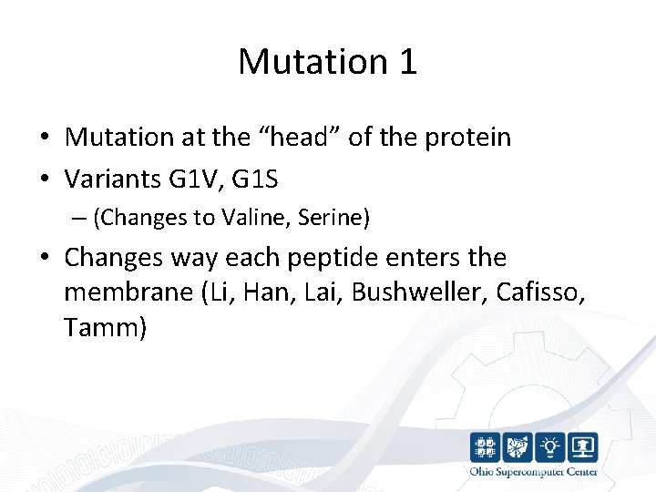 Mutation 1 • Mutation at the “head” of the protein • Variants G 1