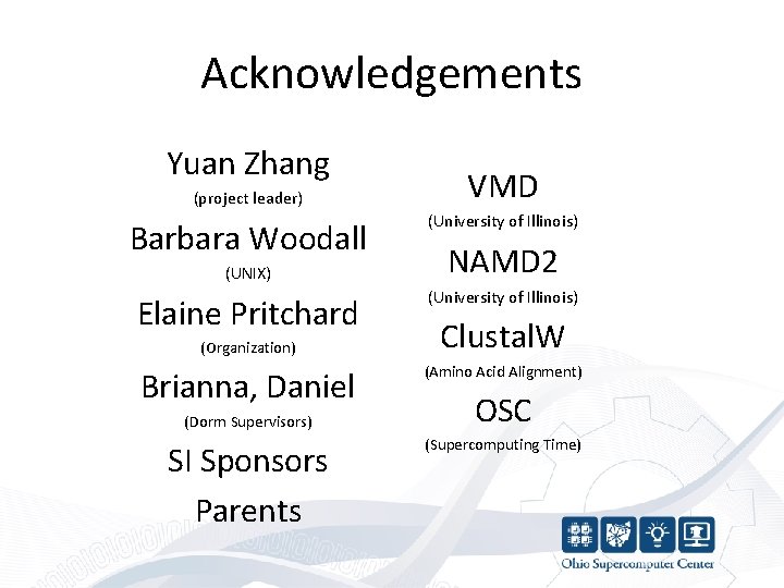 Acknowledgements Yuan Zhang (project leader) Barbara Woodall (UNIX) Elaine Pritchard (Organization) Brianna, Daniel (Dorm