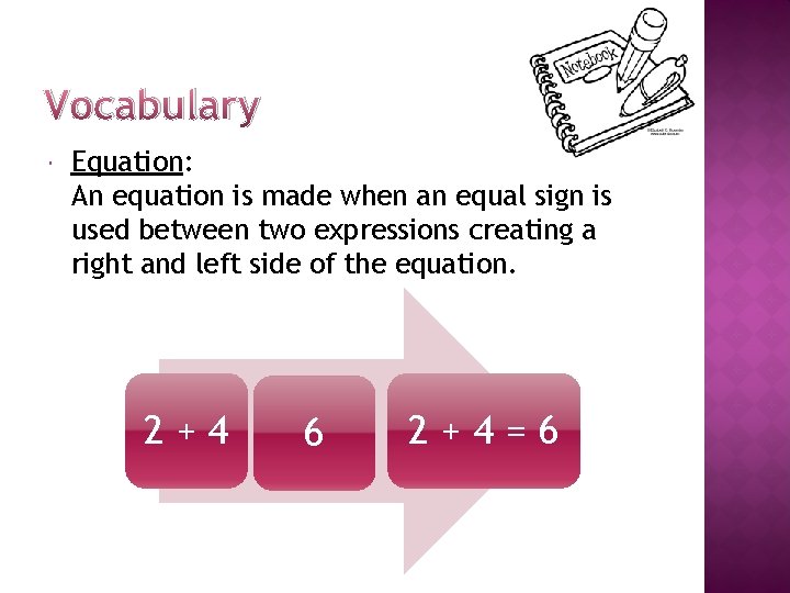 Vocabulary Equation: An equation is made when an equal sign is used between two Vocabulary Equation: An equation is made when an equal sign is used between two