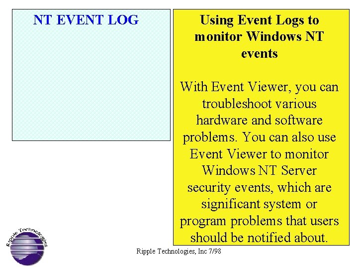 NT EVENT LOG Using Event Logs to monitor Windows NT events With Event Viewer,