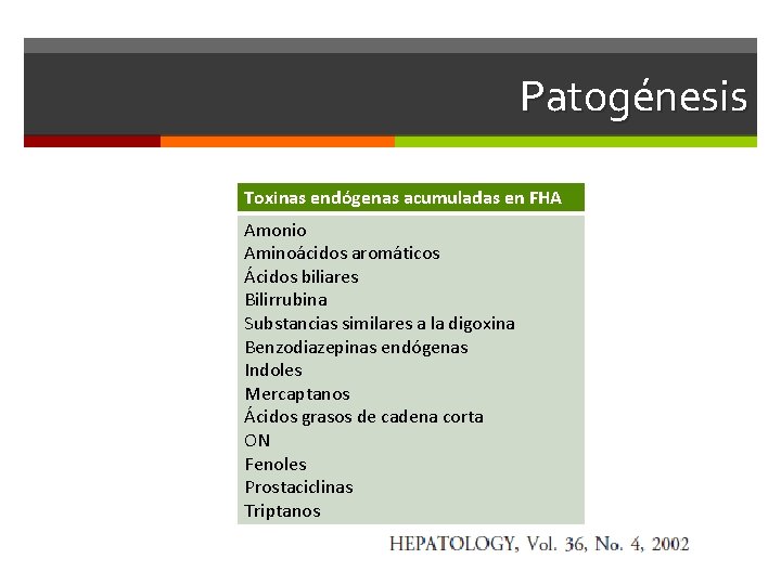 Patogénesis Toxinas endógenas acumuladas en FHA Amonio Aminoácidos aromáticos Ácidos biliares Bilirrubina Substancias similares