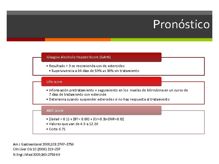 Pronóstico Glasgow Alcoholic Hepatic Score (GAHS) • Resultado > 9 se recomienda uso de