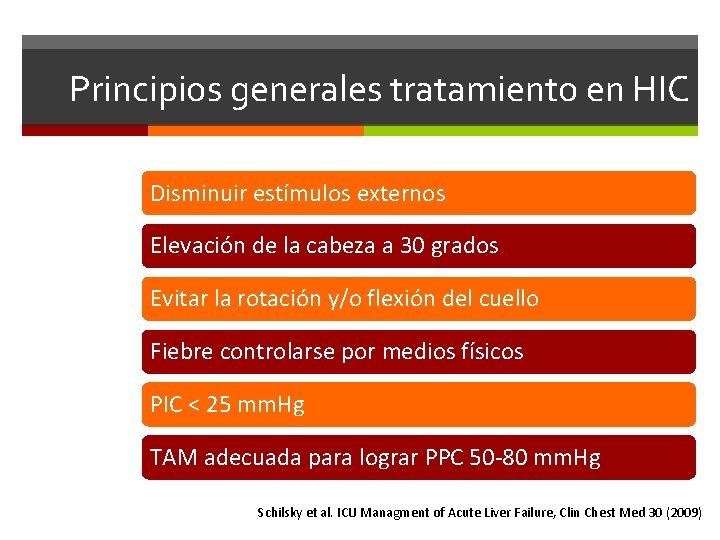 Principios generales tratamiento en HIC Disminuir estímulos externos Elevación de la cabeza a 30
