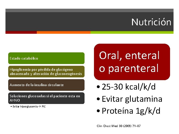 Nutrición Estado catabólico Hipoglicemia por pérdida de glucógeno almacenado y alteración de gluconeogénesis Aumento