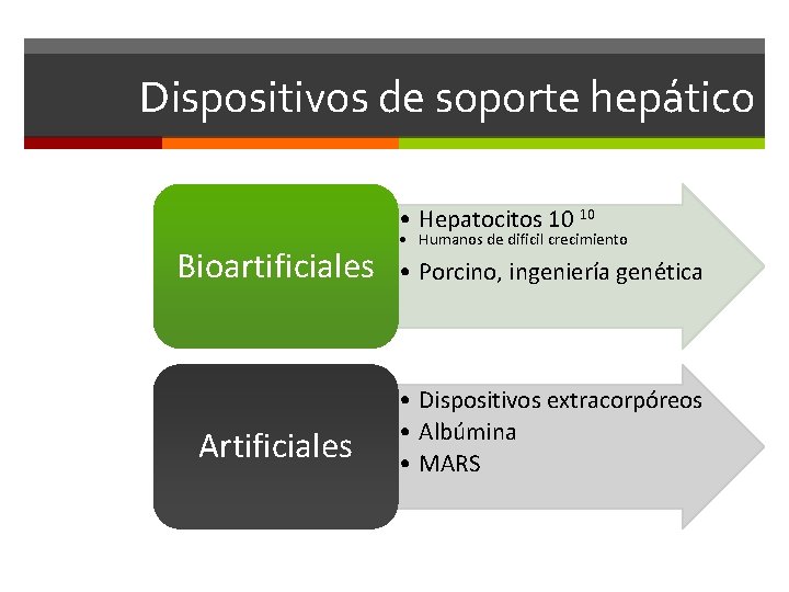Dispositivos de soporte hepático • Hepatocitos 10 10 Bioartificiales Artificiales • Humanos de dificil