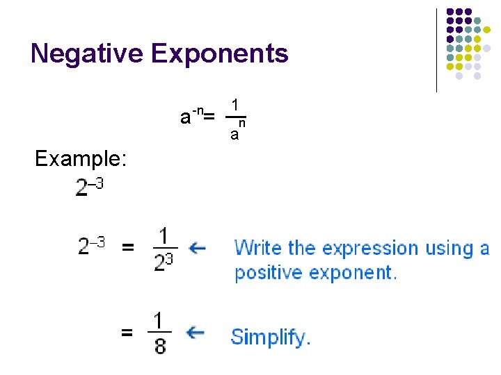 Negative Exponents -n a = Example: 1 n a 