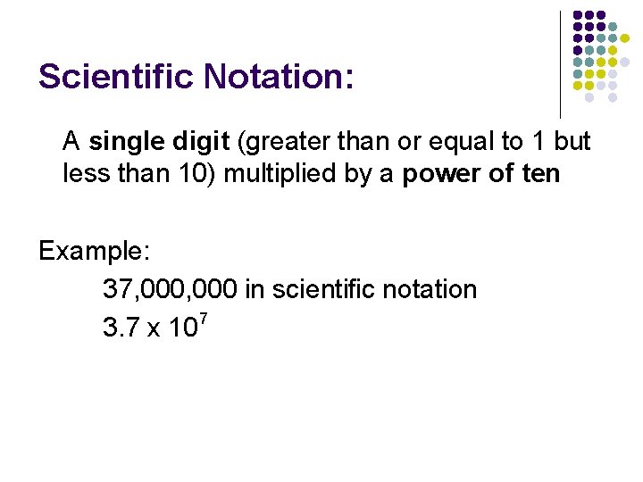 Scientific Notation: A single digit (greater than or equal to 1 but less than