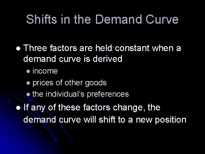 Shifts in the Demand Curve l Three factors are held constant when a demand