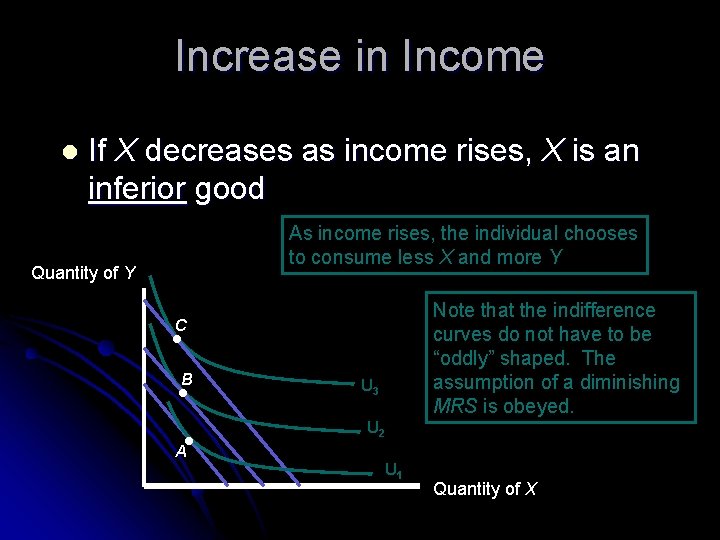Increase in Income l If X decreases as income rises, X is an inferior