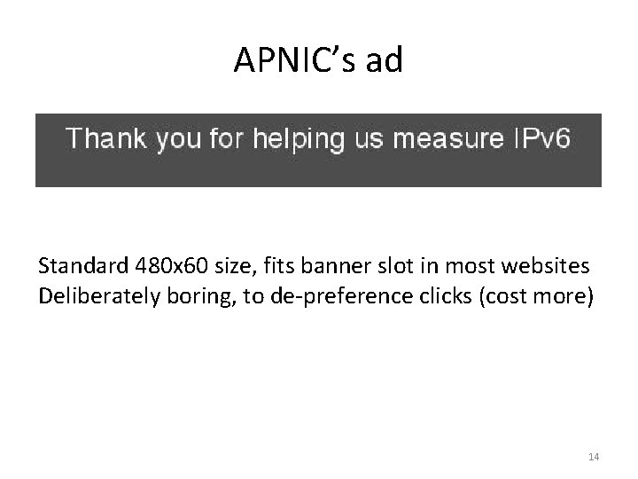 APNIC’s ad Standard 480 x 60 size, fits banner slot in most websites Deliberately