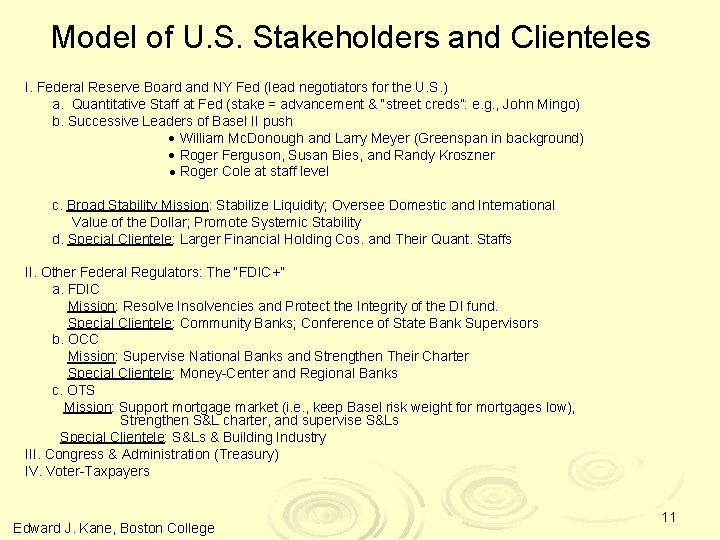 Model of U. S. Stakeholders and Clienteles I. Federal Reserve Board and NY Fed