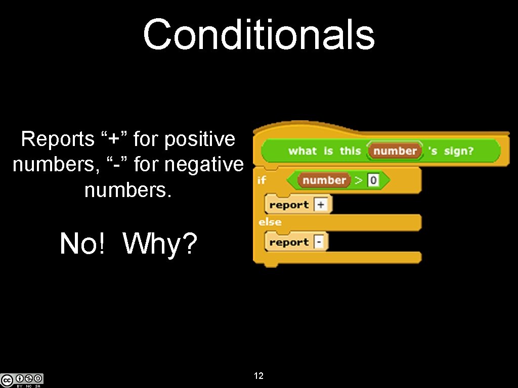 Conditionals Reports “+” for positive numbers, “-” for negative numbers. No! Why? 12 