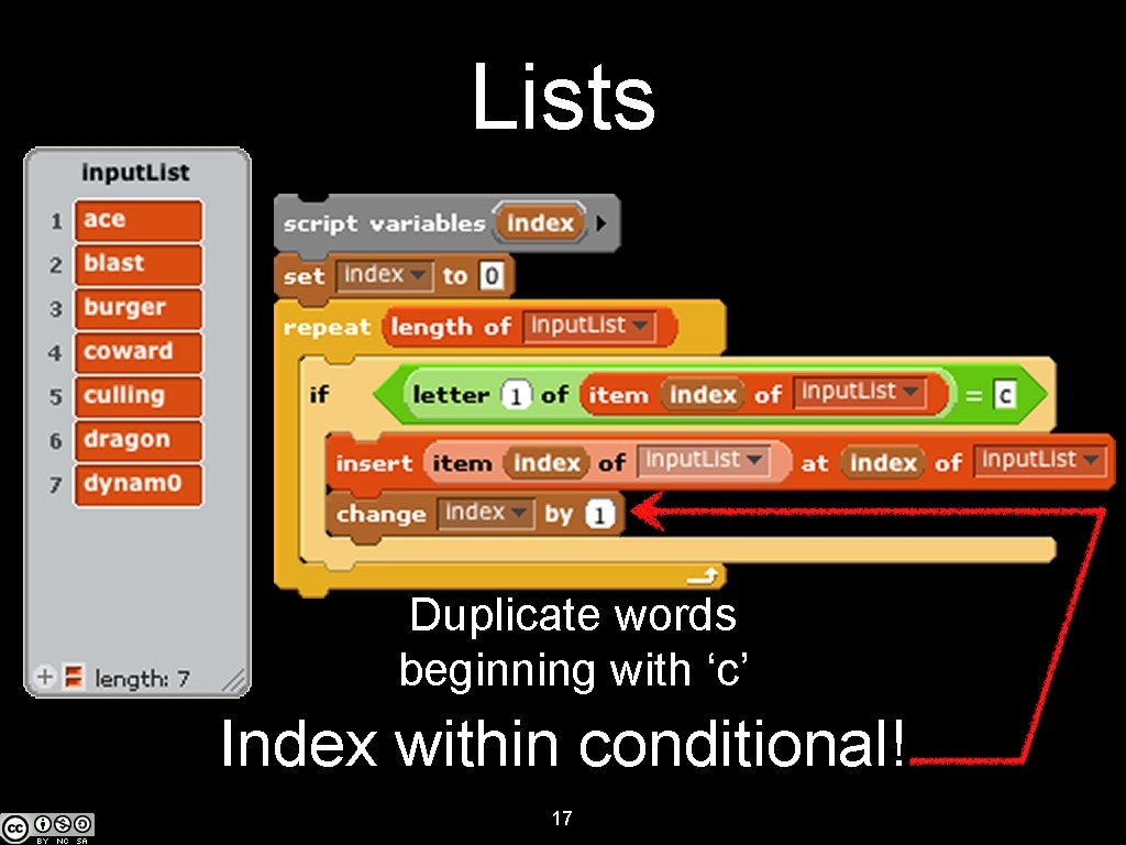 Lists Duplicate words beginning with ‘c’ Index within conditional! 17 