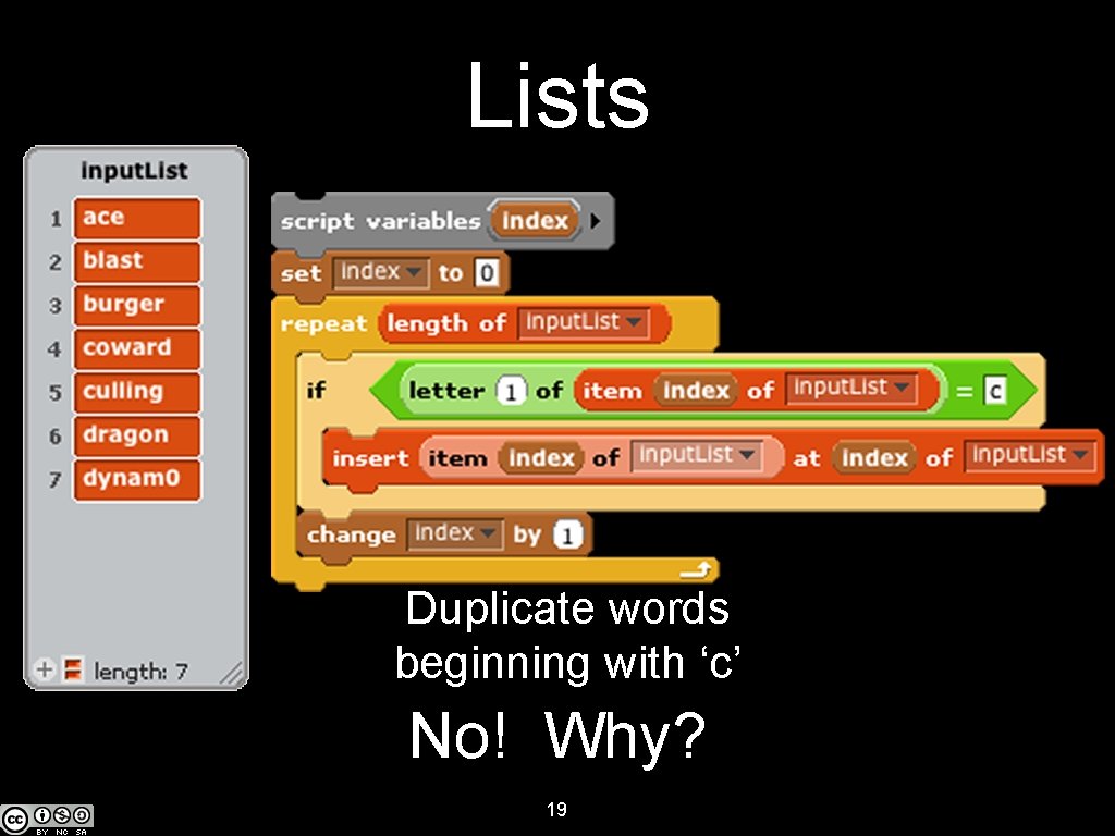 Lists Duplicate words beginning with ‘c’ No! Why? 19 