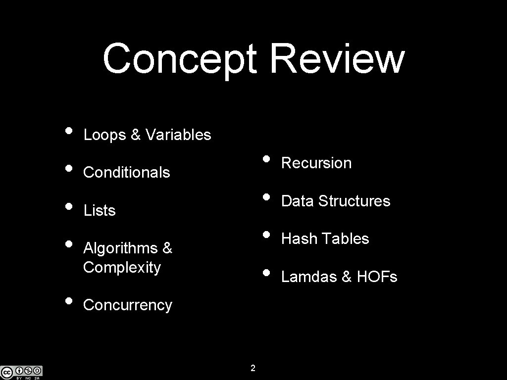 Concept Review • • • Loops & Variables • • Conditionals Lists Algorithms &