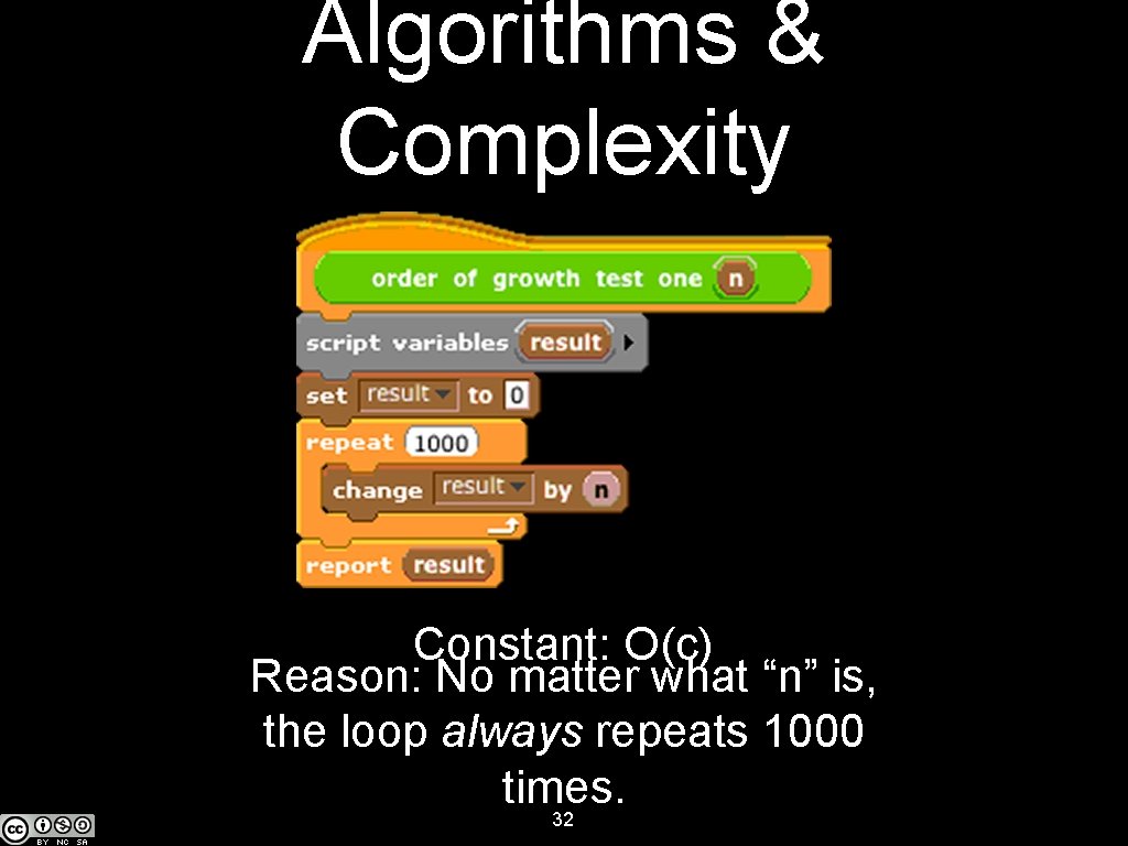 Algorithms & Complexity Constant: O(c) Reason: No matter what “n” is, the loop always