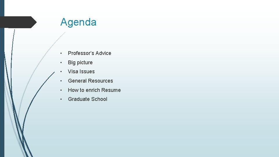 Agenda • Professor’s Advice • Big picture • Visa Issues • General Resources •