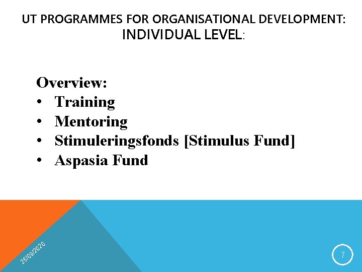 UT PROGRAMMES FOR ORGANISATIONAL DEVELOPMENT: INDIVIDUAL LEVEL: Overview: • Training • Mentoring • Stimuleringsfonds