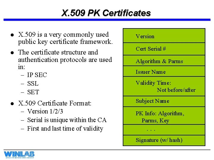 X. 509 PK Certificates l l X. 509 is a very commonly used public
