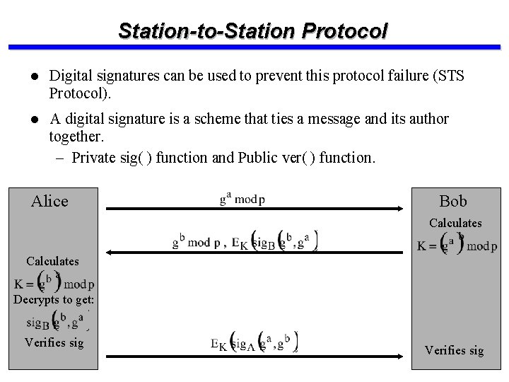 Station-to-Station Protocol l Digital signatures can be used to prevent this protocol failure (STS