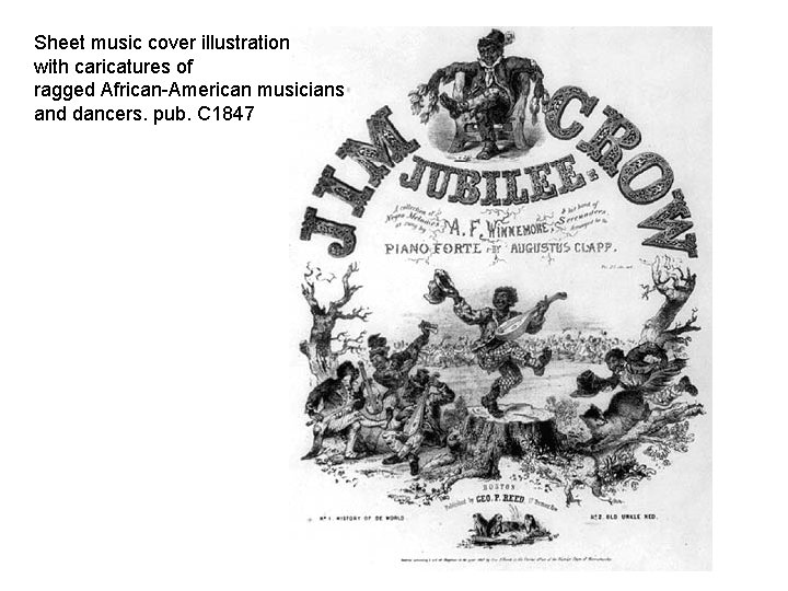 Sheet music cover illustration with caricatures of ragged African-American musicians and dancers. pub. C