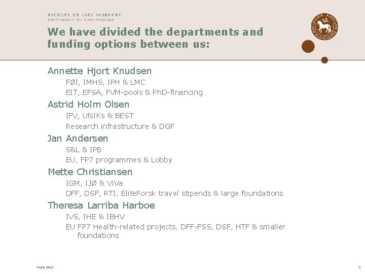 We have divided the departments and funding options between us: Annette Hjort Knudsen FØI, We have divided the departments and funding options between us: Annette Hjort Knudsen FØI,