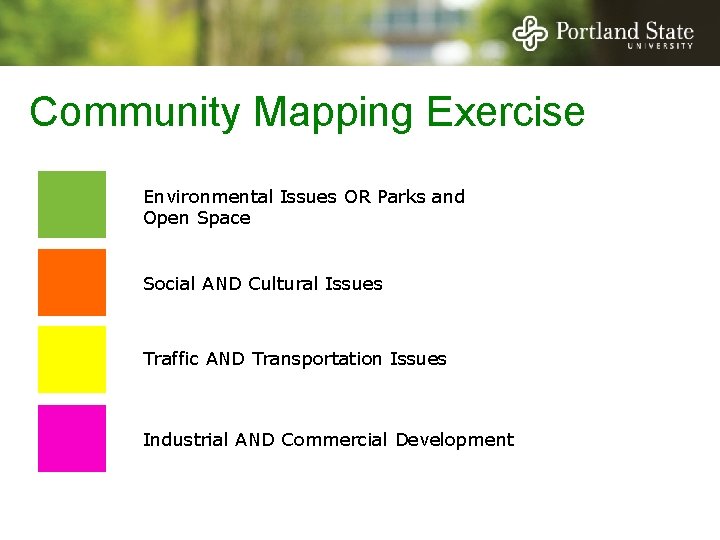 Community Mapping Exercise Environmental Issues OR Parks and Open Space Social AND Cultural Issues