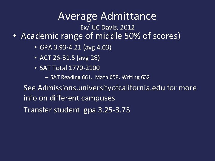 Average Admittance Ex/ UC Davis, 2012 • Academic range of middle 50% of scores)