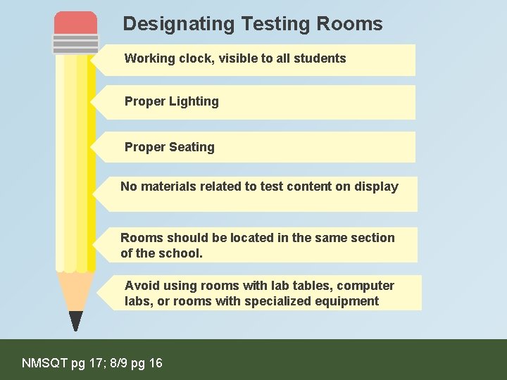Designating Testing Rooms Working clock, visible to all students Proper Lighting Proper Seating No
