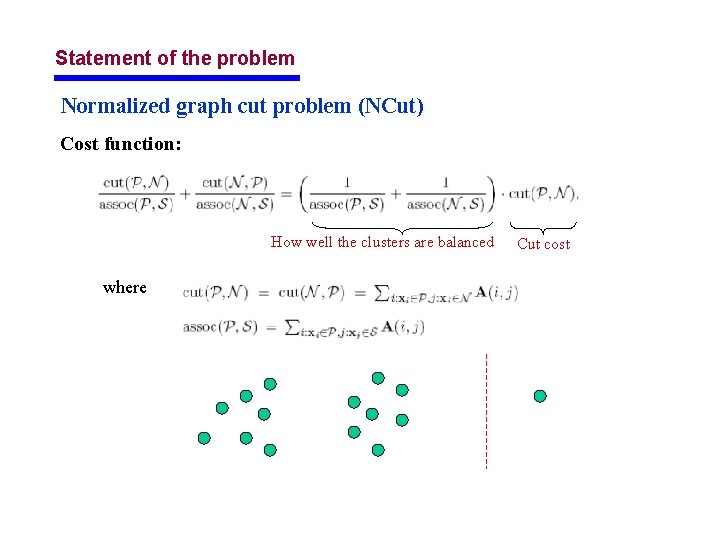 Statement of the problem Normalized graph cut problem (NCut) Cost function: How well the