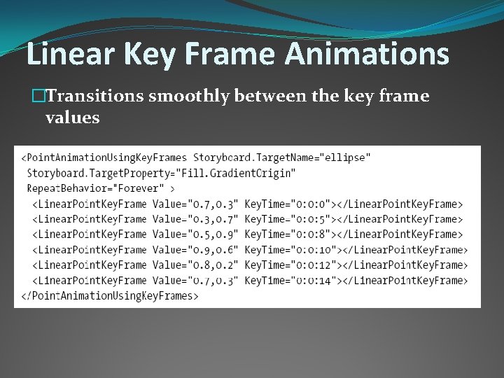 Linear Key Frame Animations �Transitions smoothly between the key frame values 