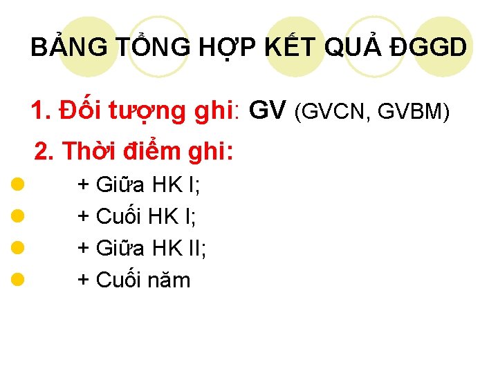 BẢNG TỔNG HỢP KẾT QUẢ ĐGGD 1. Đối tượng ghi: GV (GVCN, GVBM) 2.