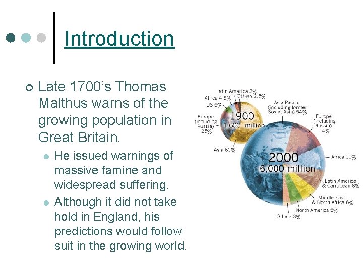 Introduction ¢ Late 1700’s Thomas Malthus warns of the growing population in Great Britain.