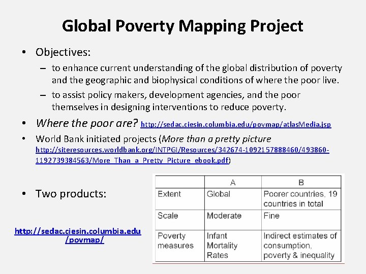 Global Poverty Mapping Project • Objectives: – to enhance current understanding of the global