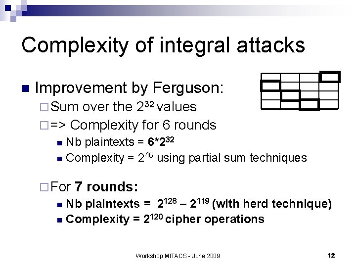 Complexity of integral attacks n Improvement by Ferguson: ¨ Sum over the 232 values
