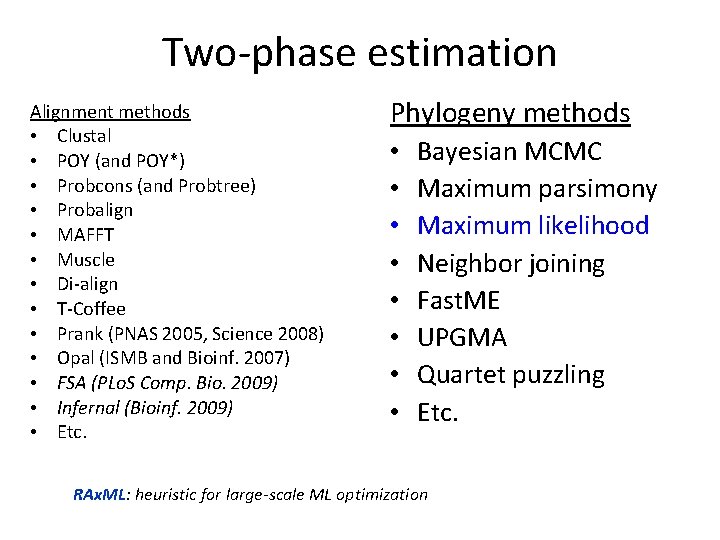 Two-phase estimation Alignment methods • Clustal • POY (and POY*) • Probcons (and Probtree) Two-phase estimation Alignment methods • Clustal • POY (and POY*) • Probcons (and Probtree)