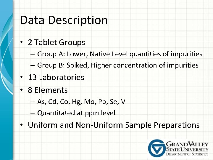 Data Description • 2 Tablet Groups – Group A: Lower, Native Level quantities of