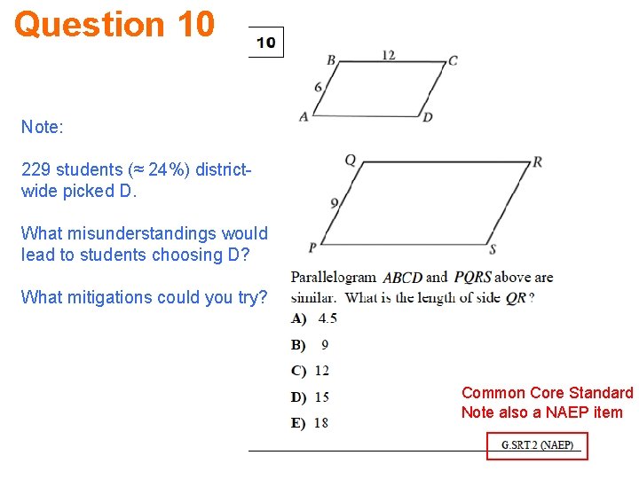 Question 10 Note: 229 students (≈ 24%) districtwide picked D. What misunderstandings would lead