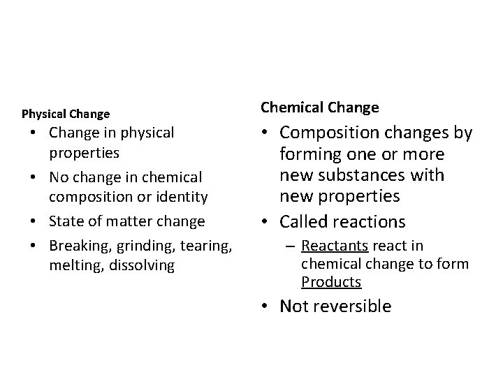 Physical Change • Change in physical properties • No change in chemical composition or