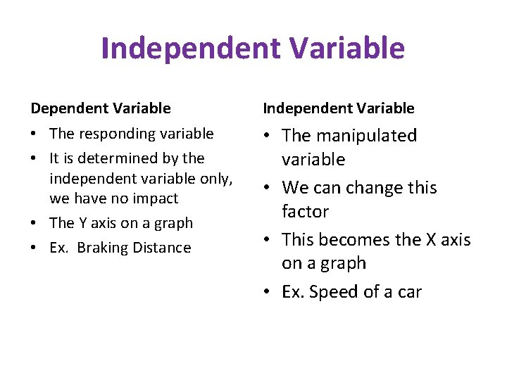 Independent Variable Dependent Variable Independent Variable • The responding variable • It is determined