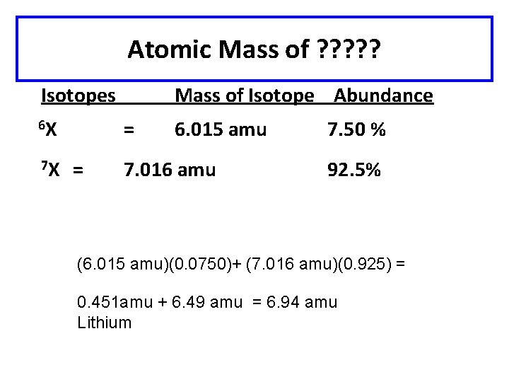 Atomic Mass of ? ? ? Isotopes 6 X = 7 X = Mass